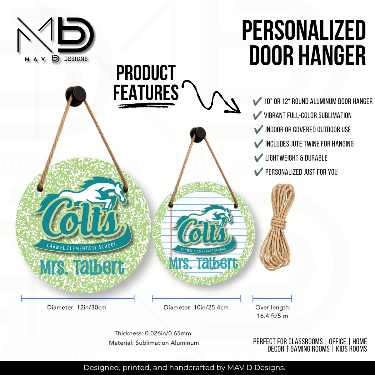 Personalize Door Hanger | Carmel Elementary Colts | Green Composition | 10” or 12” Metal Door Decor