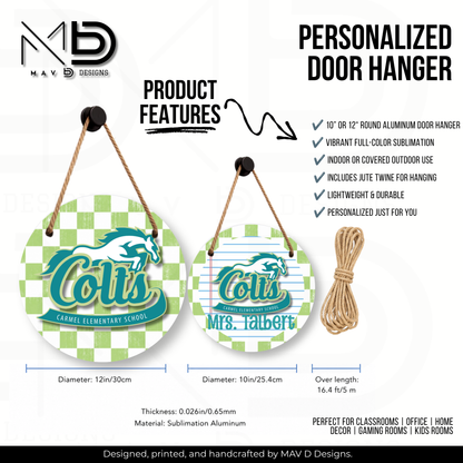 Personalize Door Hanger | Carmel Elementary Colts | Green Checkered | 10” or 12” Metal Door Decor