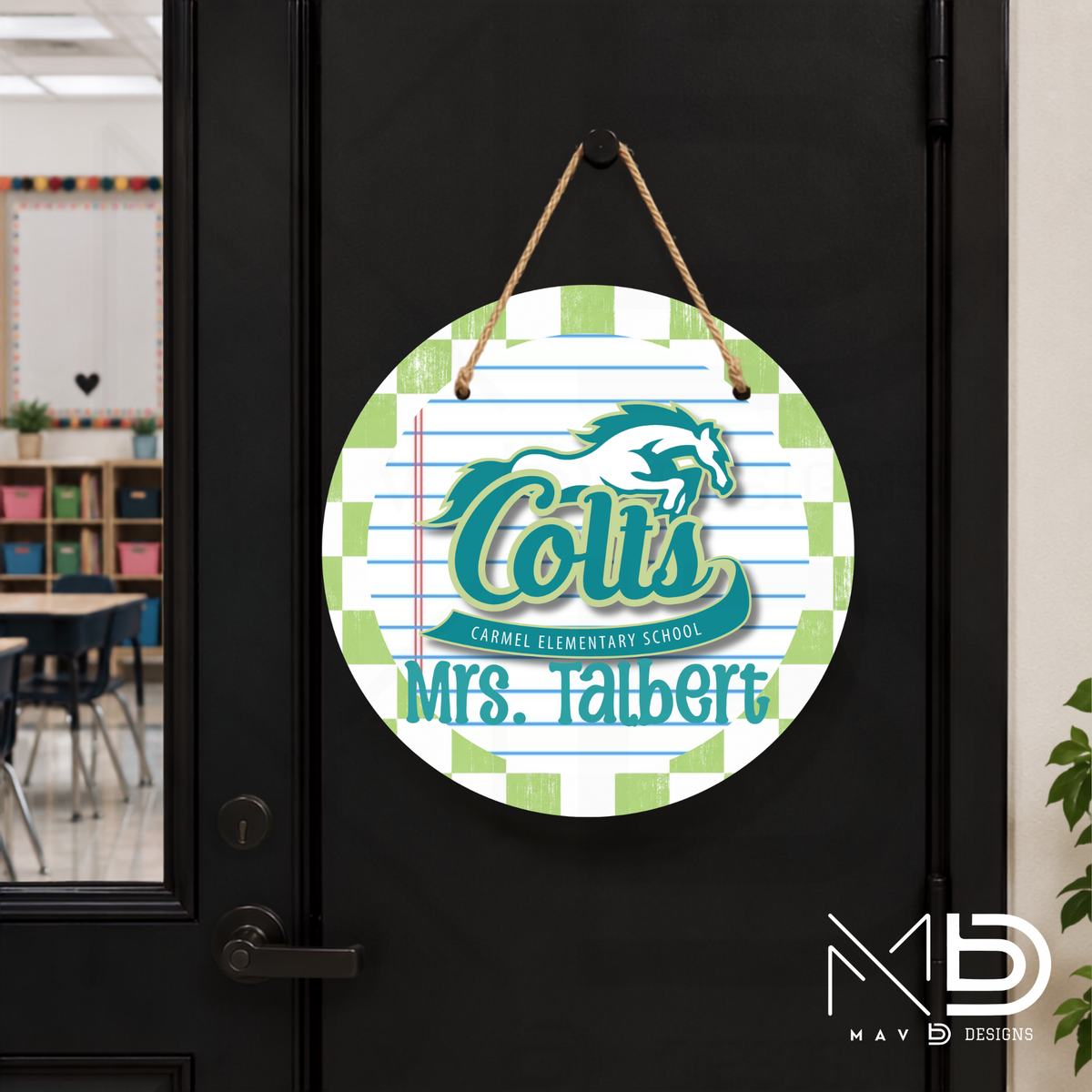 Personalize Door Hanger | Carmel Elementary Colts | Green Checkered | 10” or 12” Metal Door Decor
