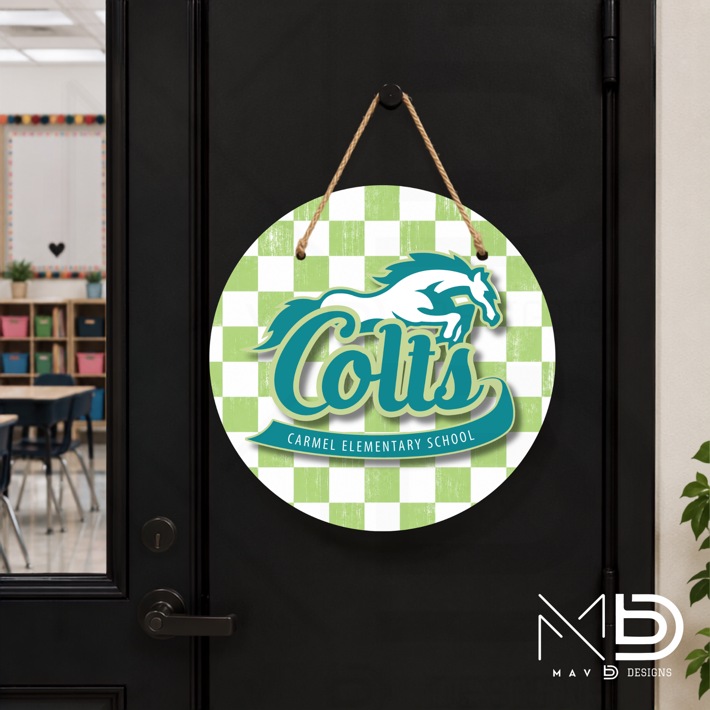 Personalize Door Hanger | Carmel Elementary Colts | Green Checkered | 10” or 12” Metal Door Decor