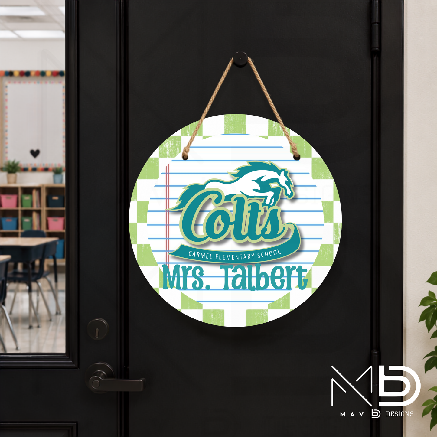 Personalize Door Hanger | Carmel Elementary Colts | Green Checkered | 10” or 12” Metal Door Decor