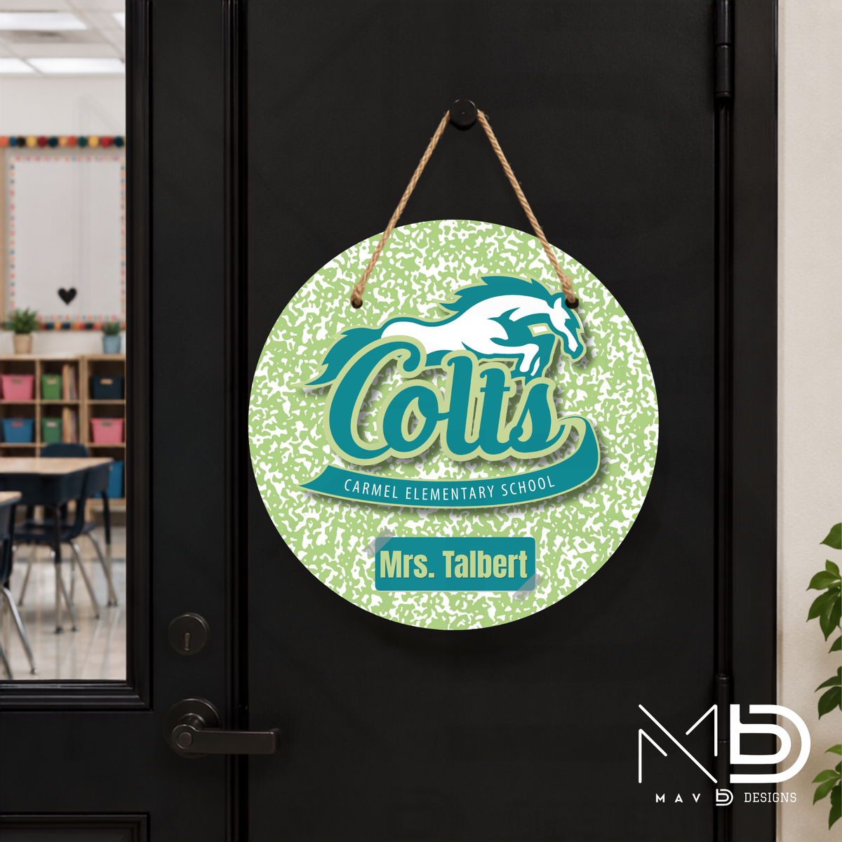 Personalize Door Hanger | Carmel Elementary Colts | Green Composition | 10” or 12” Metal Door Decor