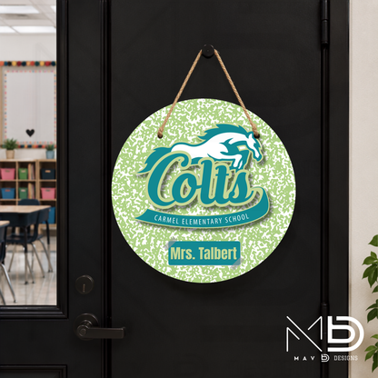 Personalize Door Hanger | Carmel Elementary Colts | Green Composition | 10” or 12” Metal Door Decor