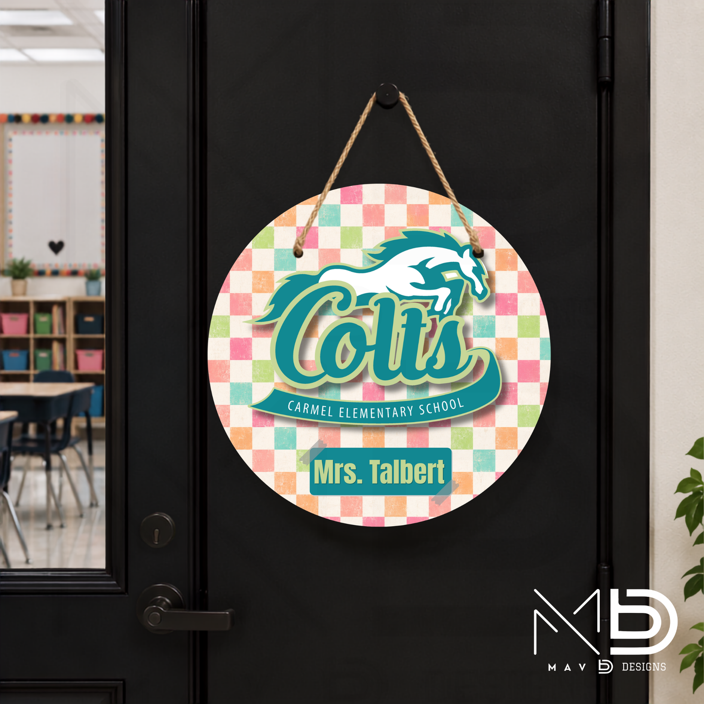Personalize Door Hanger | Carmel Elementary Colts | Pastel Checkered | 10” or 12” Metal Door Decor