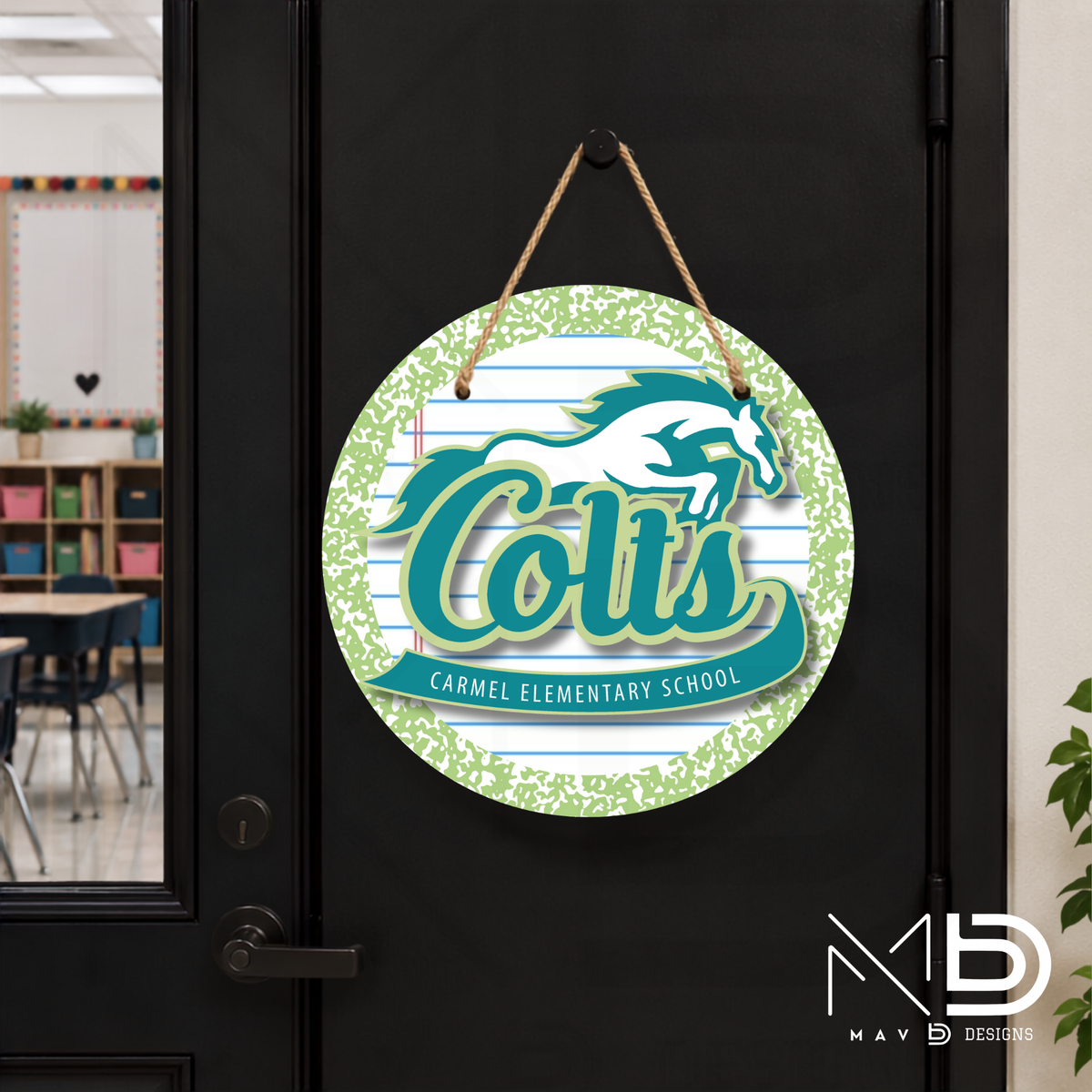 Personalize Door Hanger | Carmel Elementary Colts | Green Composition | 10” or 12” Metal Door Decor
