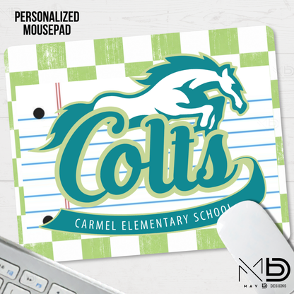 Personalized Mouse Pad | Carmel Elementary Colts | Green Checkered {MULTIPLE OPTIONS}