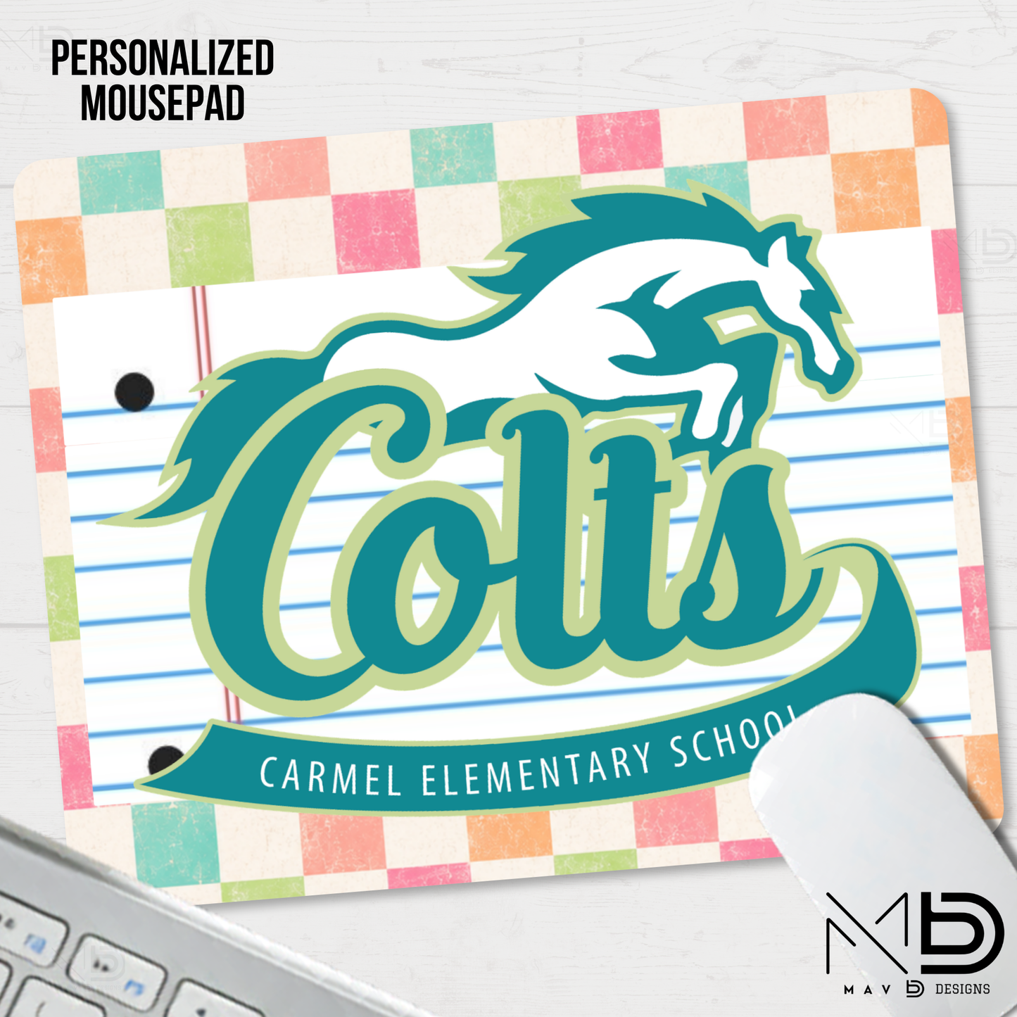 Personalized Mouse Pad | Carmel Elementary Colts | Pastel Checkered {MULTIPLE OPTIONS}