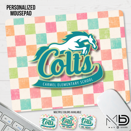 Personalized Mouse Pad | Carmel Elementary Colts | Pastel Checkered {MULTIPLE OPTIONS}
