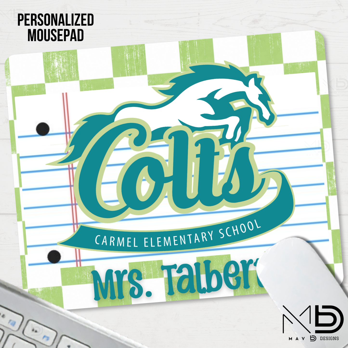 Personalized Mouse Pad | Carmel Elementary Colts | Green Checkered {MULTIPLE OPTIONS}