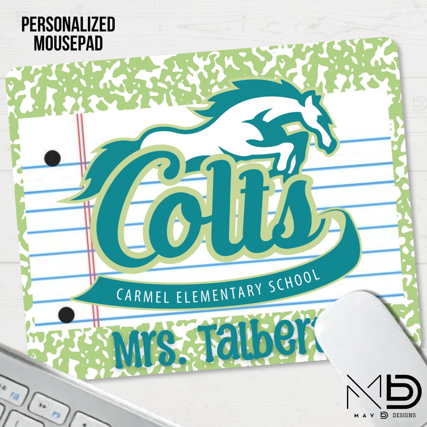 Personalized Mouse Pad | Carmel Elementary Colts | Green Composition {MULTIPLE OPTIONS}