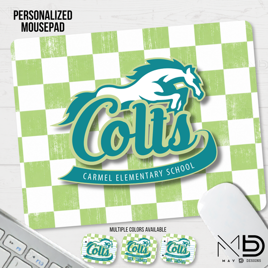 Personalized Mouse Pad | Carmel Elementary Colts | Green Checkered {MULTIPLE OPTIONS}