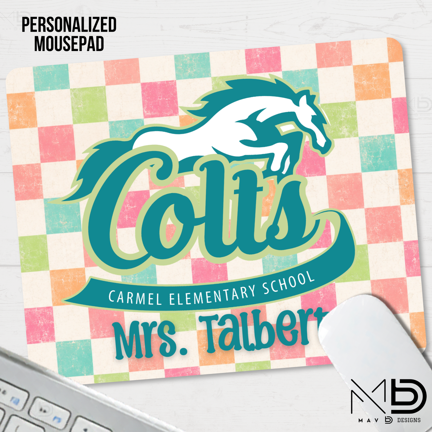 Personalized Mouse Pad | Carmel Elementary Colts | Pastel Checkered {MULTIPLE OPTIONS}