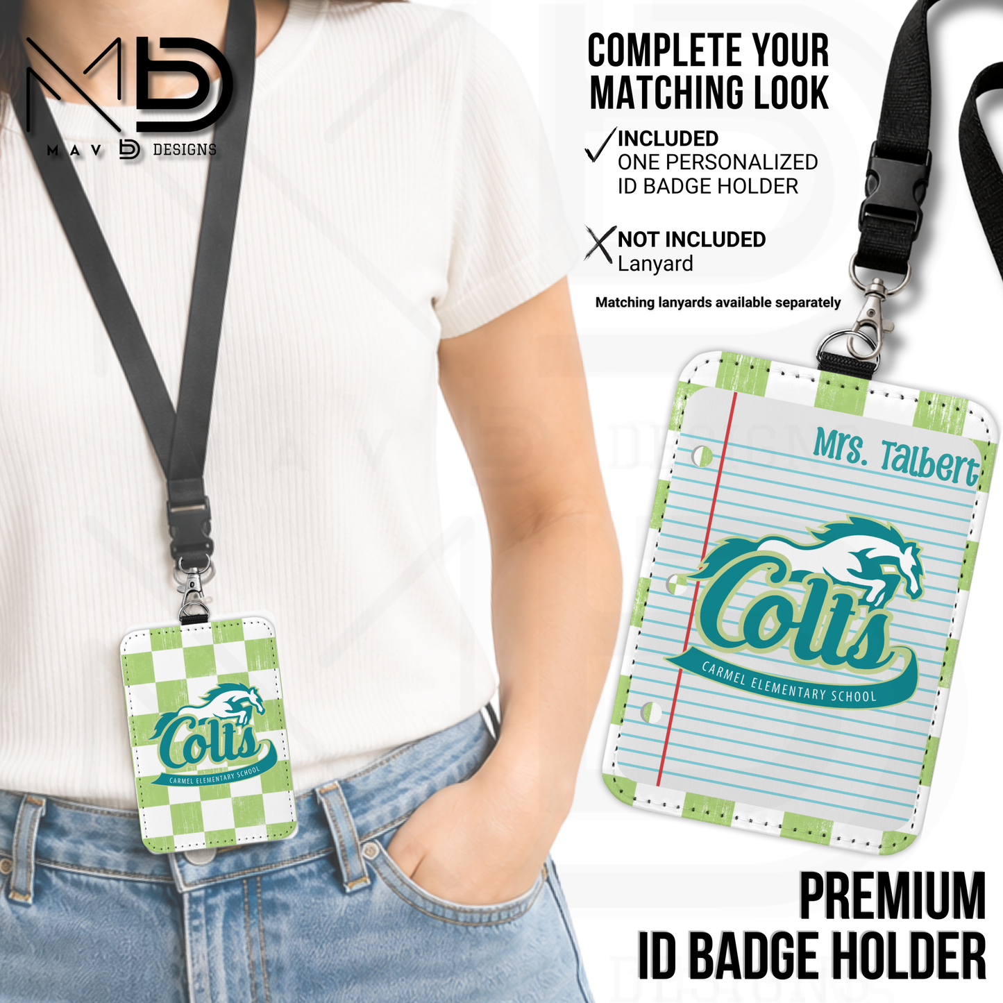 Personalized ID Badge Holder | Carmel Elementary Colts | Green Checkered {MULTIPLE OPTIONS}
