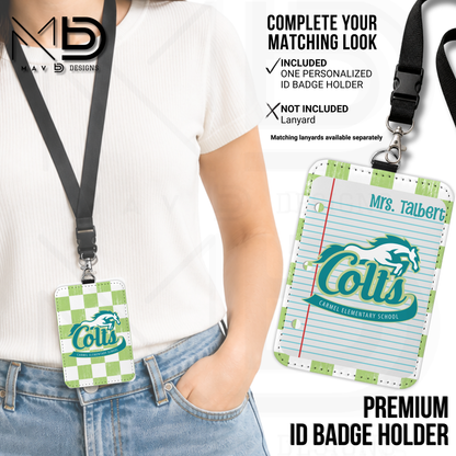 Personalized ID Badge Holder | Carmel Elementary Colts | Green Checkered {MULTIPLE OPTIONS}