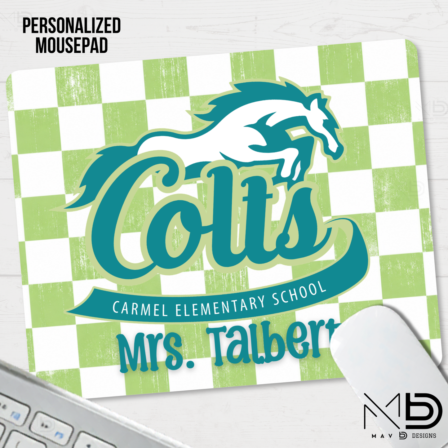 Personalized Mouse Pad | Carmel Elementary Colts | Green Checkered {MULTIPLE OPTIONS}