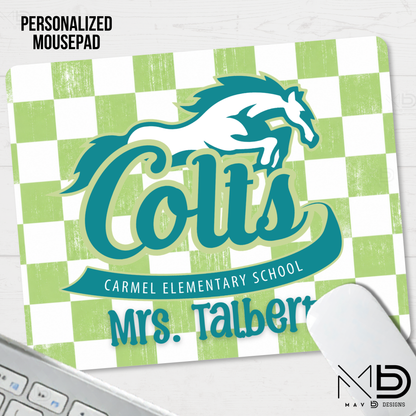 Personalized Mouse Pad | Carmel Elementary Colts | Green Checkered {MULTIPLE OPTIONS}