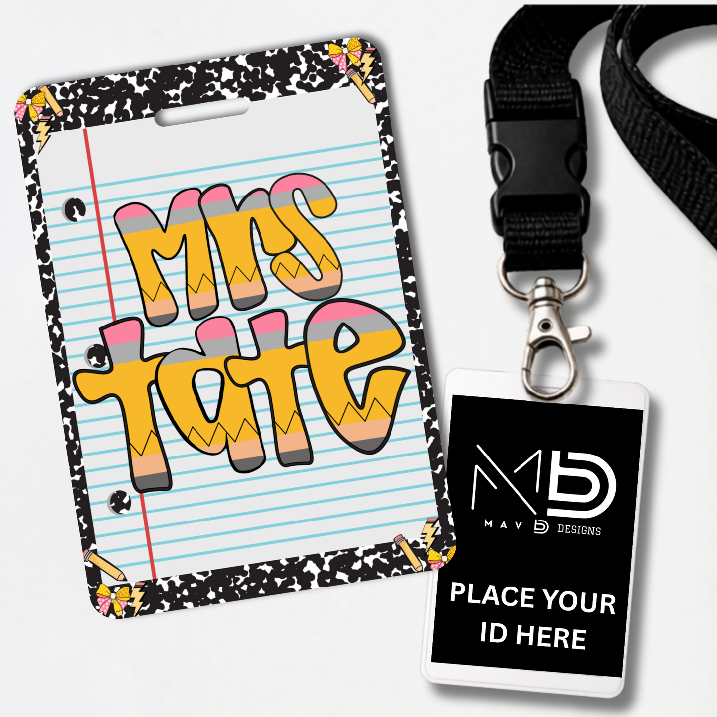 Personalized Teacher ID Badge Holder - Pencil Comp Notebook
