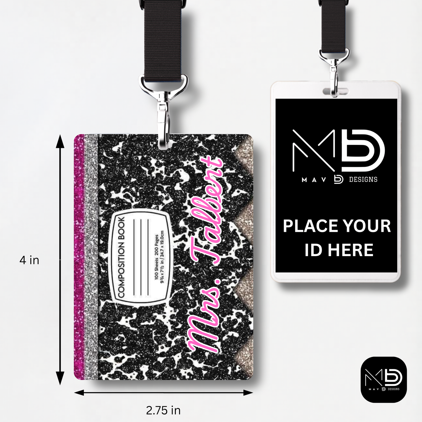 Personalized Teacher ID Badge Holder - Glitter Composition Notebook
