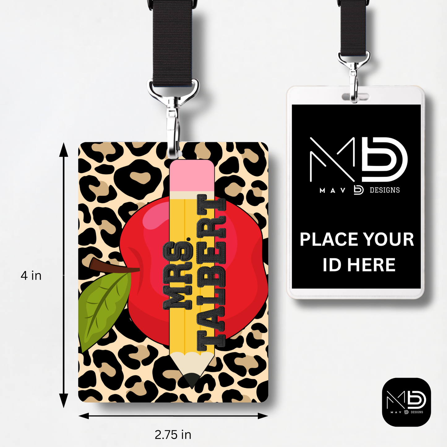 Personalized Teacher ID Badge Holder - Cheetah Apple Pencil