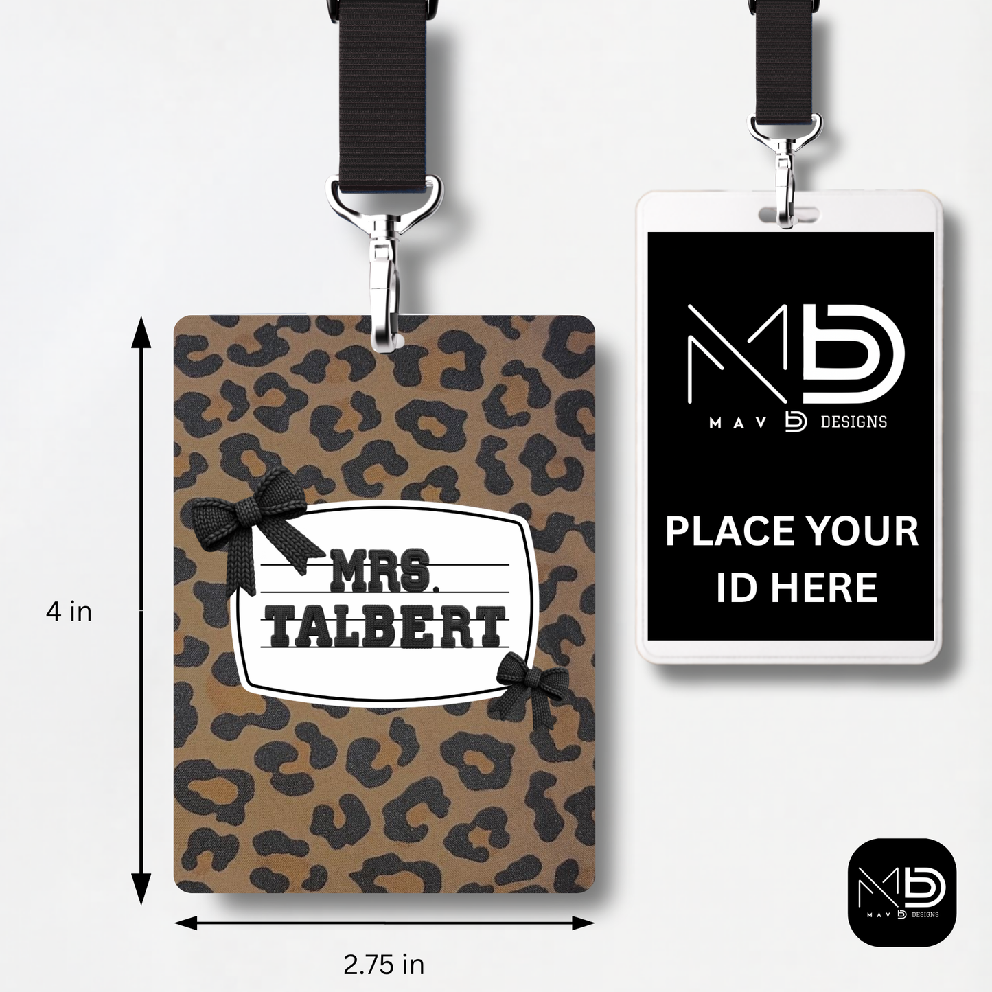 Personalized Teacher ID Badge Holder - Cheetah Bow