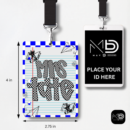 Personalized Teacher ID Badge Holder - Blue Checkered Doodle