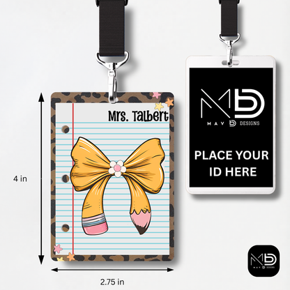 Personalized Teacher ID Badge Holder - Pencil Bow Cheetah Print