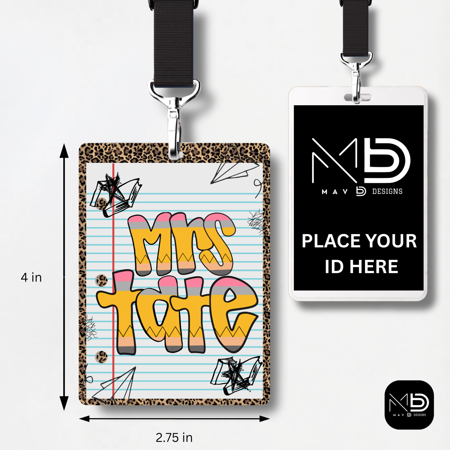Personalized Teacher ID Badge Holder - Cheetah Doodle