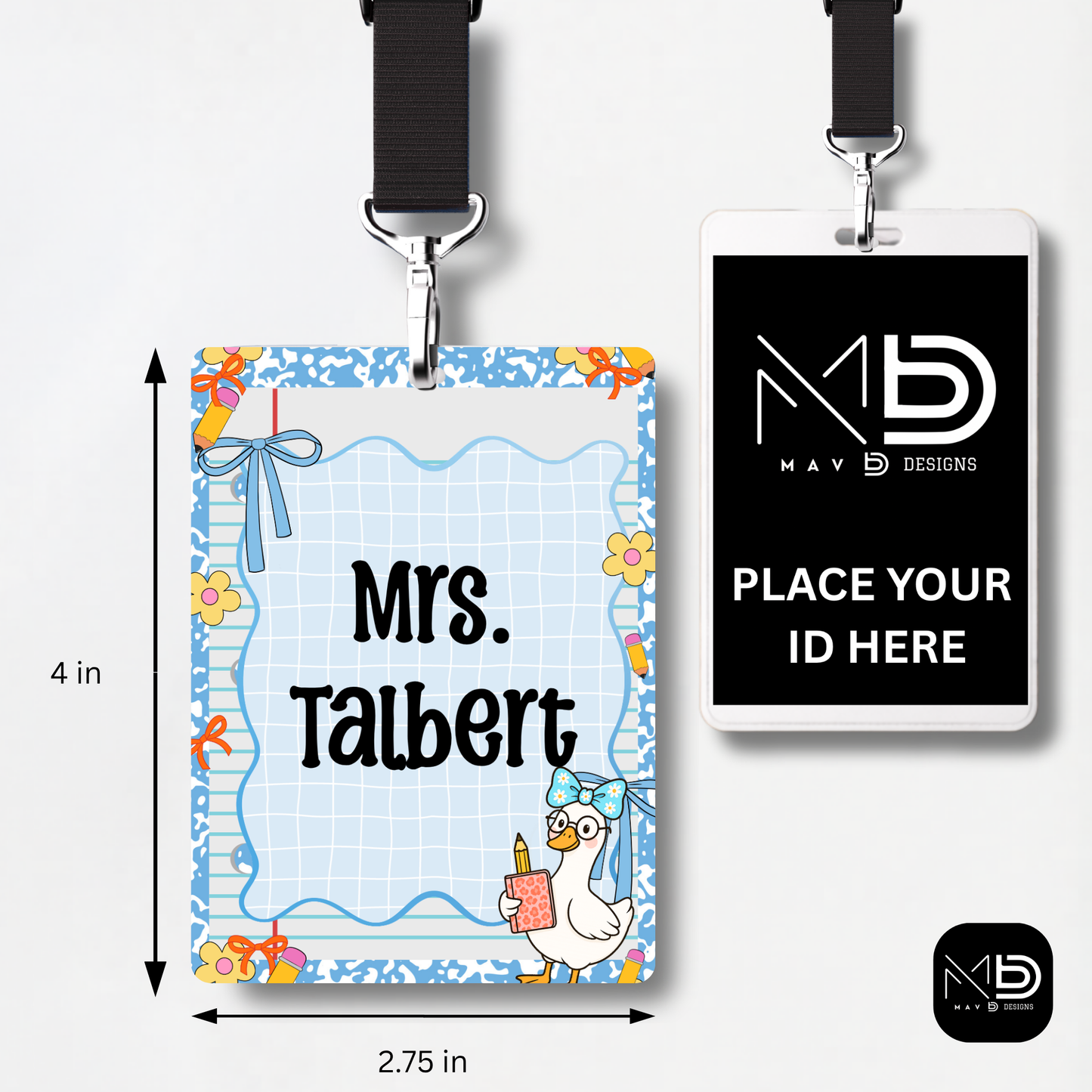 Personalized Teacher ID Badge Holder - Blue Stripes and Goose