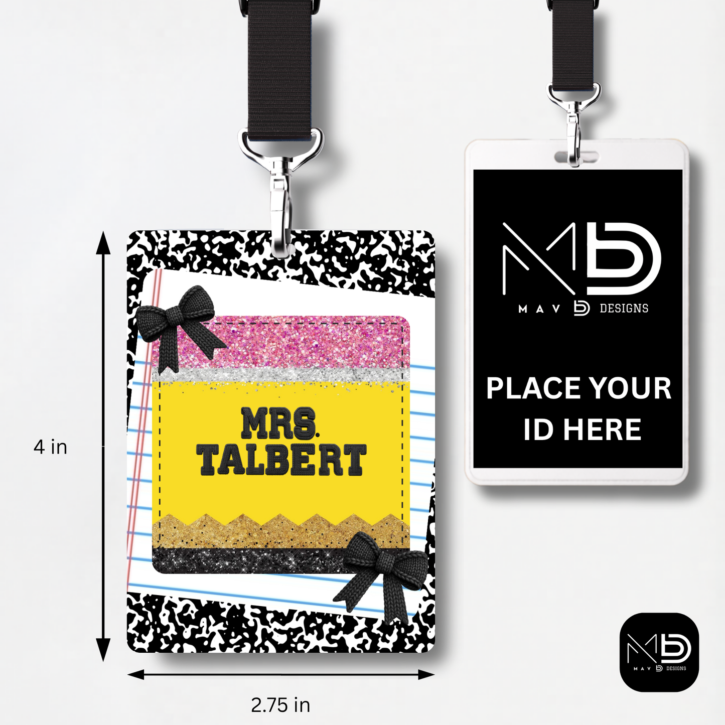 Personalized Teacher ID Badge Holder - Pencil Composition Bow