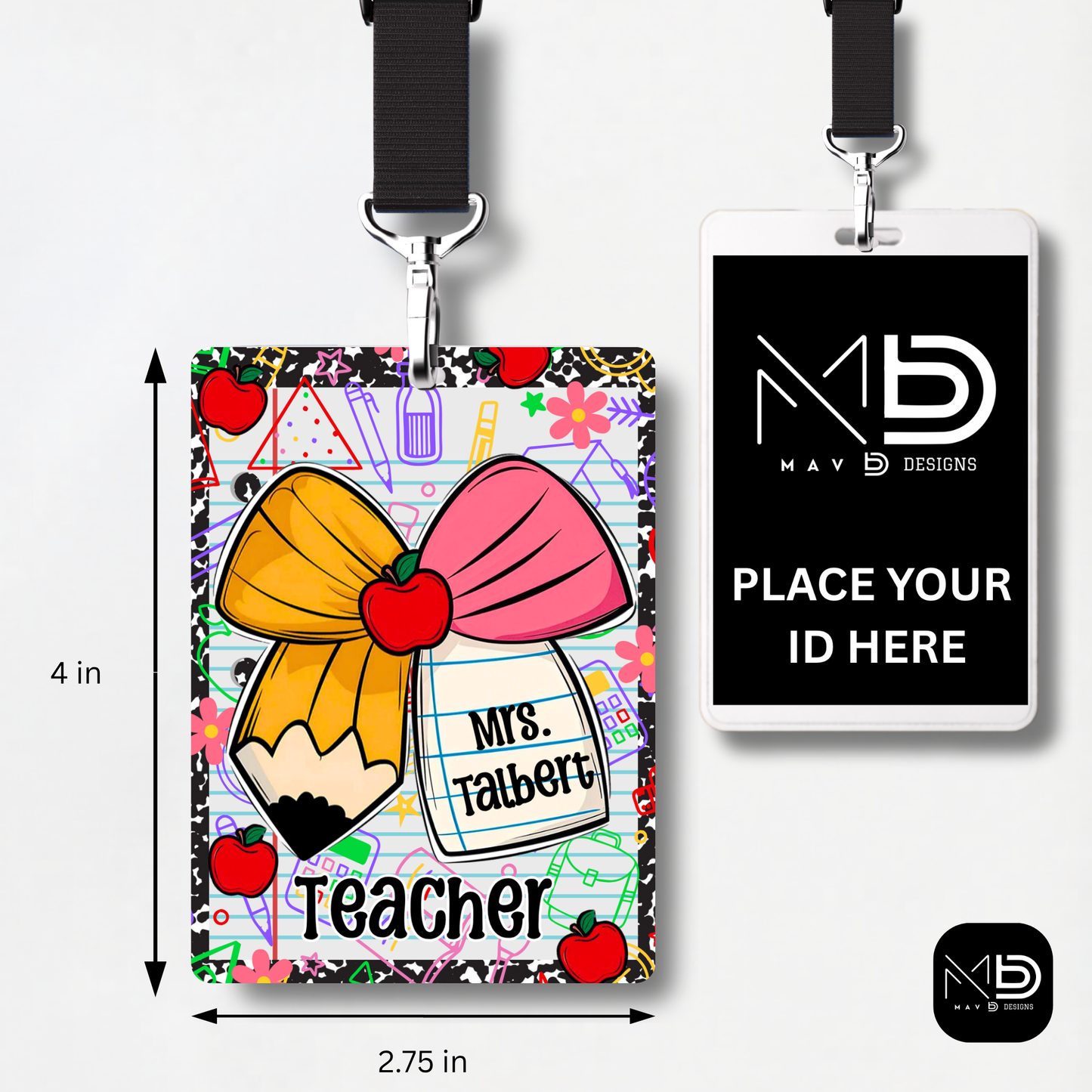 Personalized Teacher ID Badge Holder - Comp Notebook Pencil Bow
