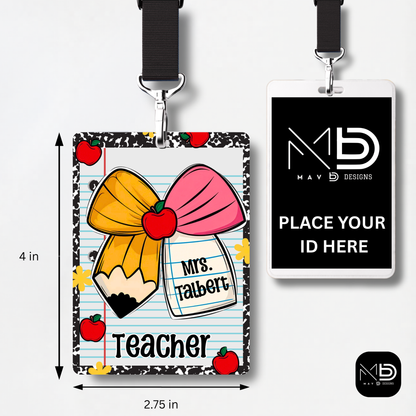 Personalized Teacher ID Badge Holder - Pencil Bow Notebook Doodles