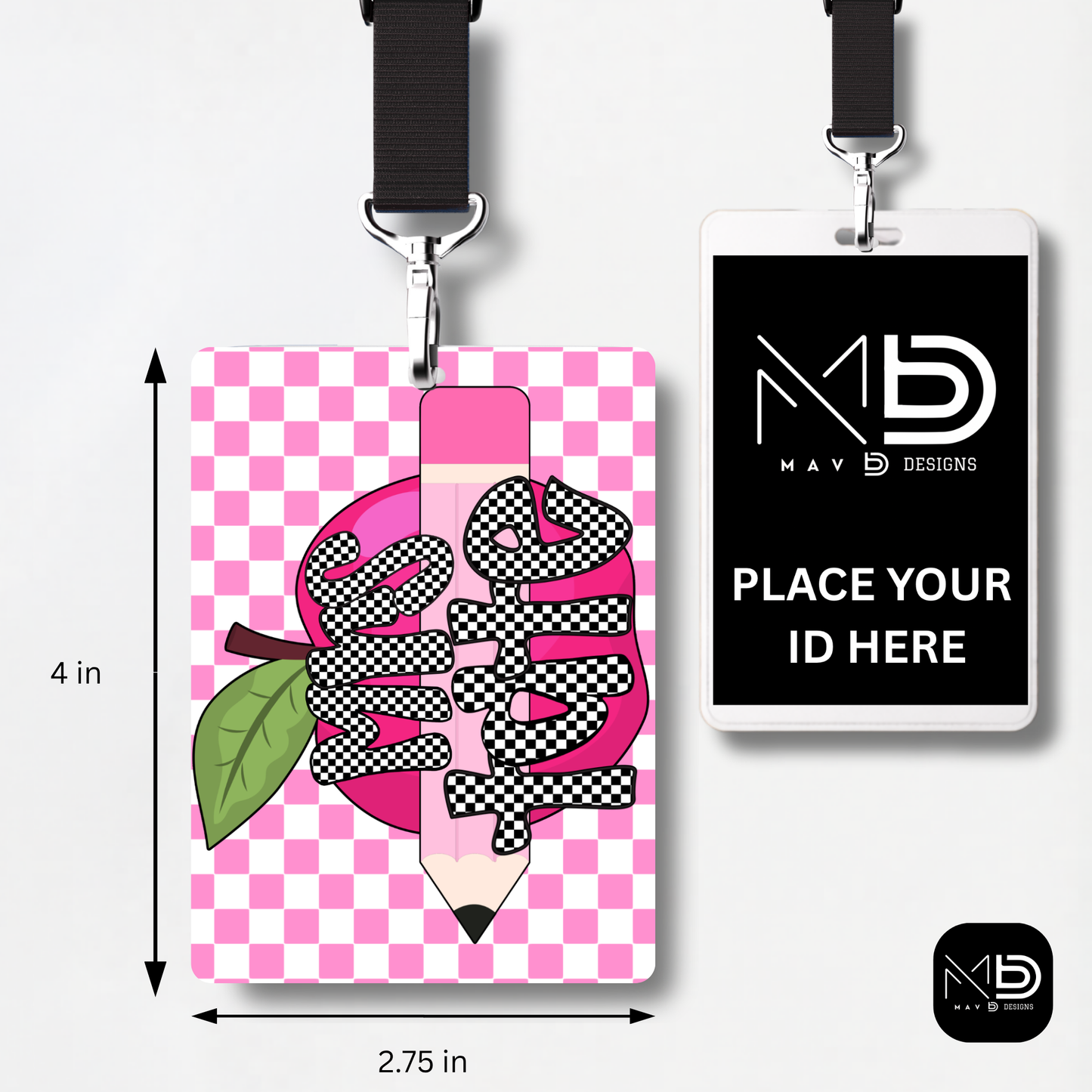 Personalized Teacher ID Badge Holder - Pink Checkered Apple