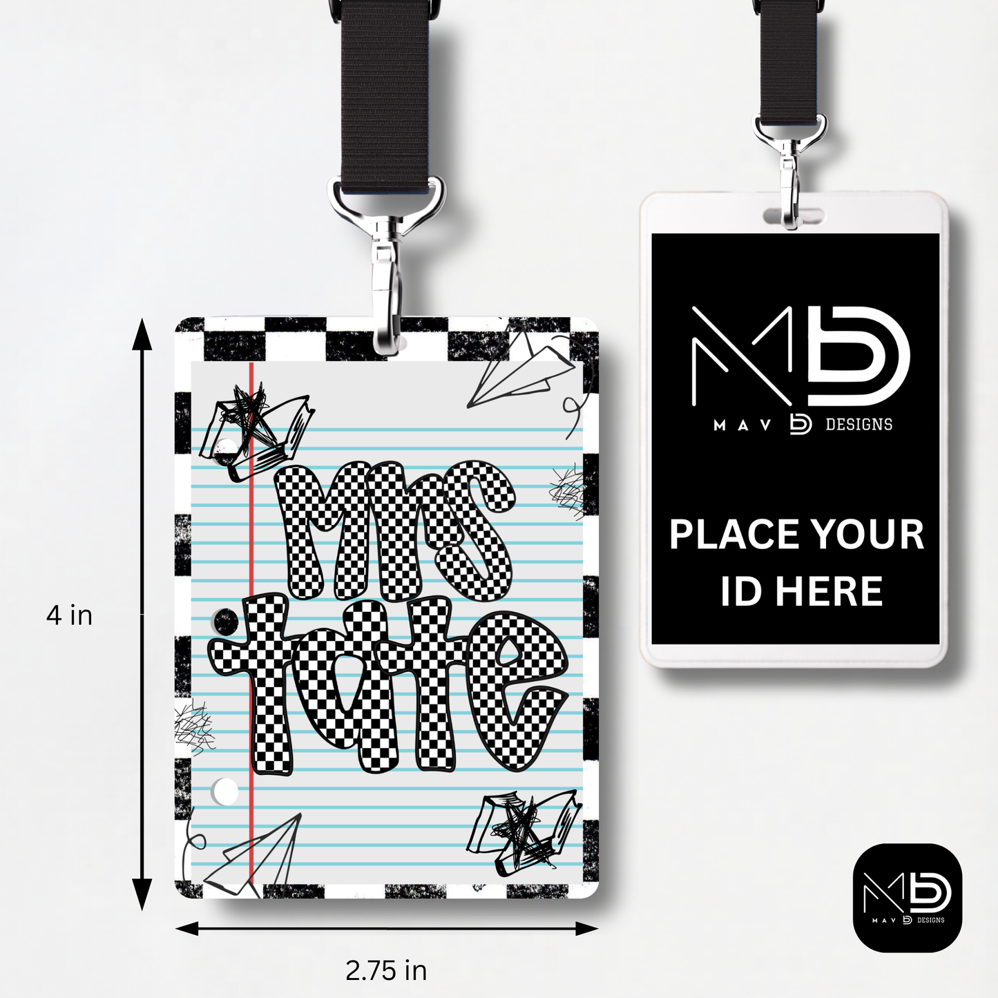 Personalized Teacher ID Badge Holder - Black Checkered Doodle