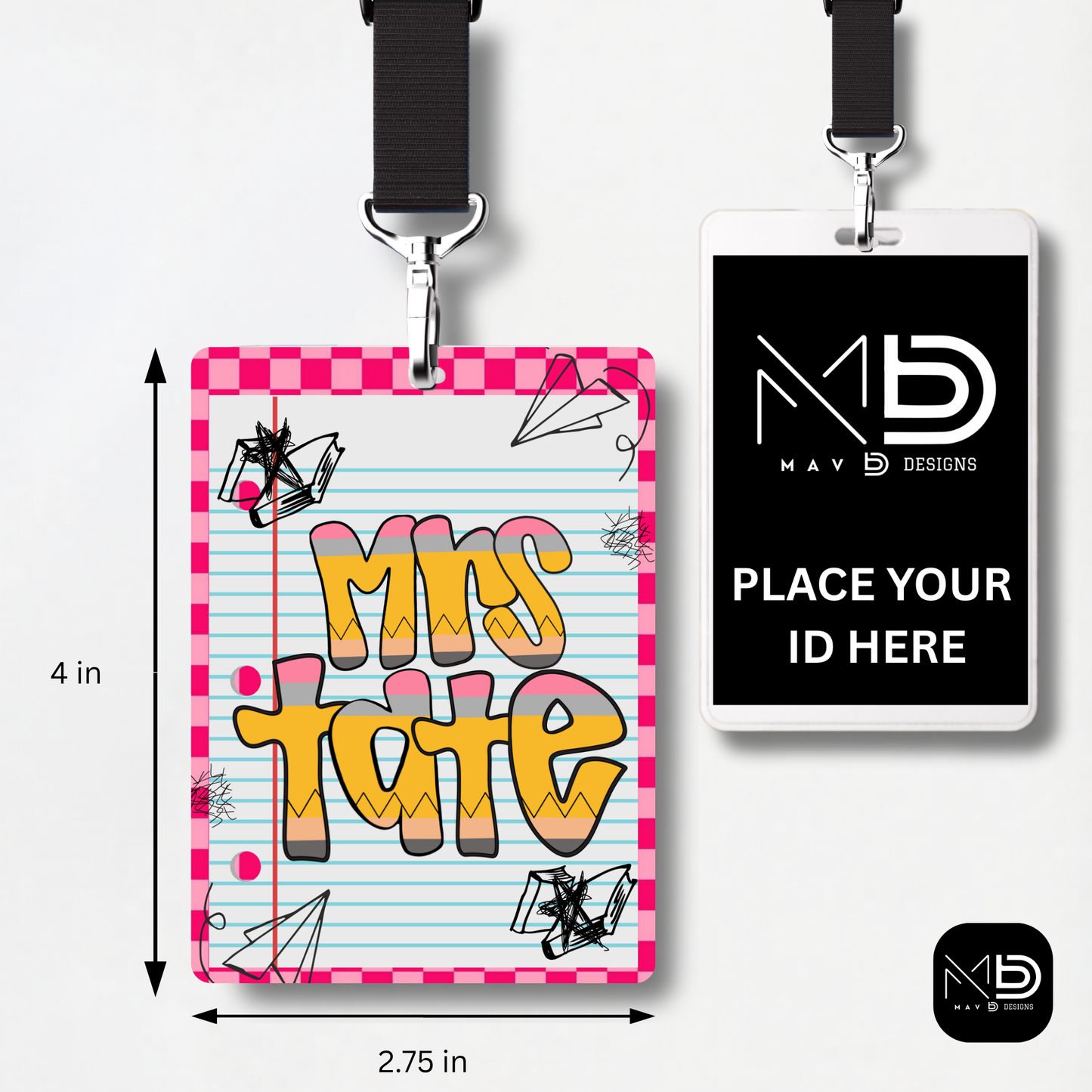 Personalized Teacher ID Badge Holder - Pencil Doodle Pink Checkered
