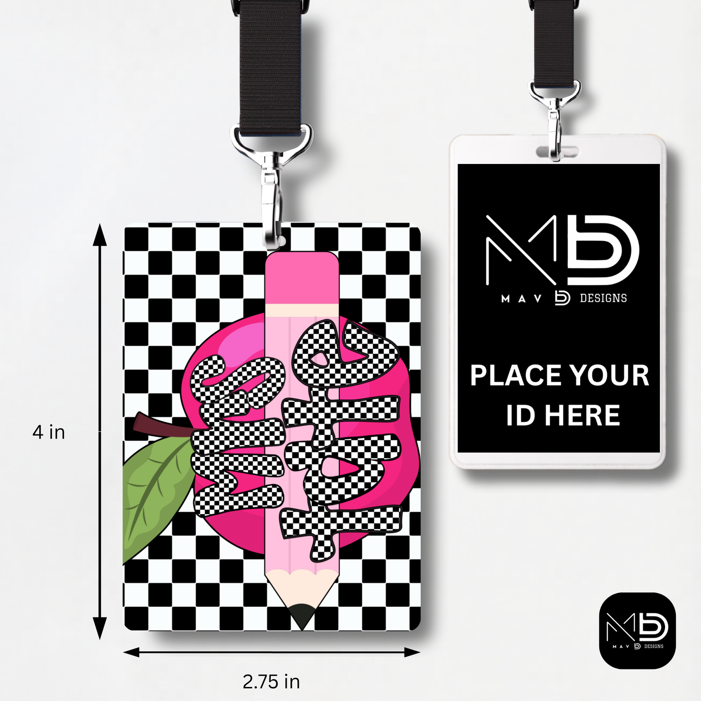 Personalized Teacher ID Badge Holder - Black Checkered Apple