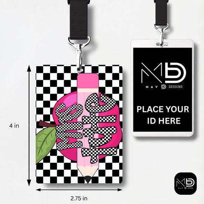 Personalized Teacher ID Badge Holder - Black Checkered Apple