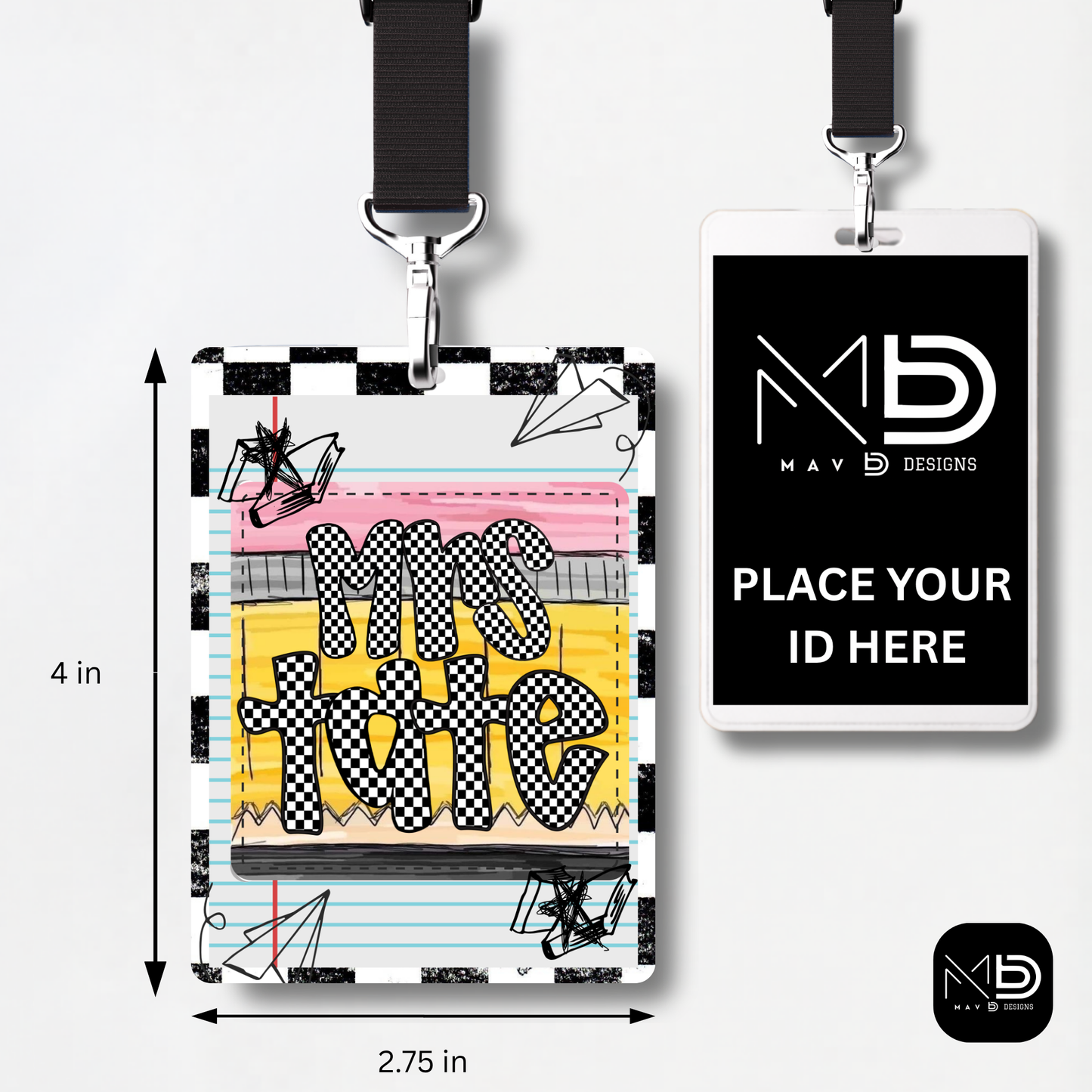 Personalized Teacher ID Badge Holder - Checkered Doodle Pencil