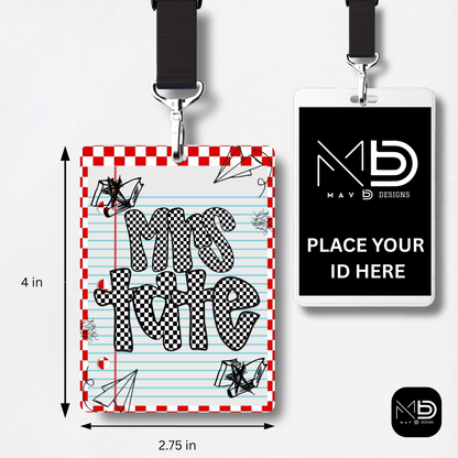 Personalized Teacher ID Badge Holder - Red Checkered Doodle