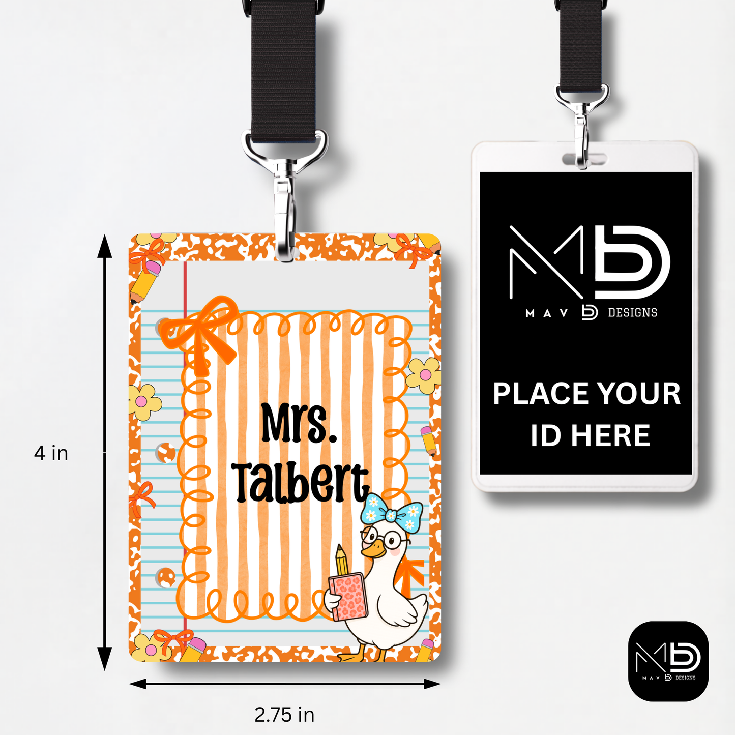 Personalized Teacher ID Badge Holder - Composition Stripes and Goose