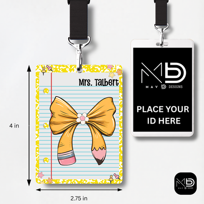 Personalized Teacher ID Badge Holder - Pencil Bow Yellow Composition