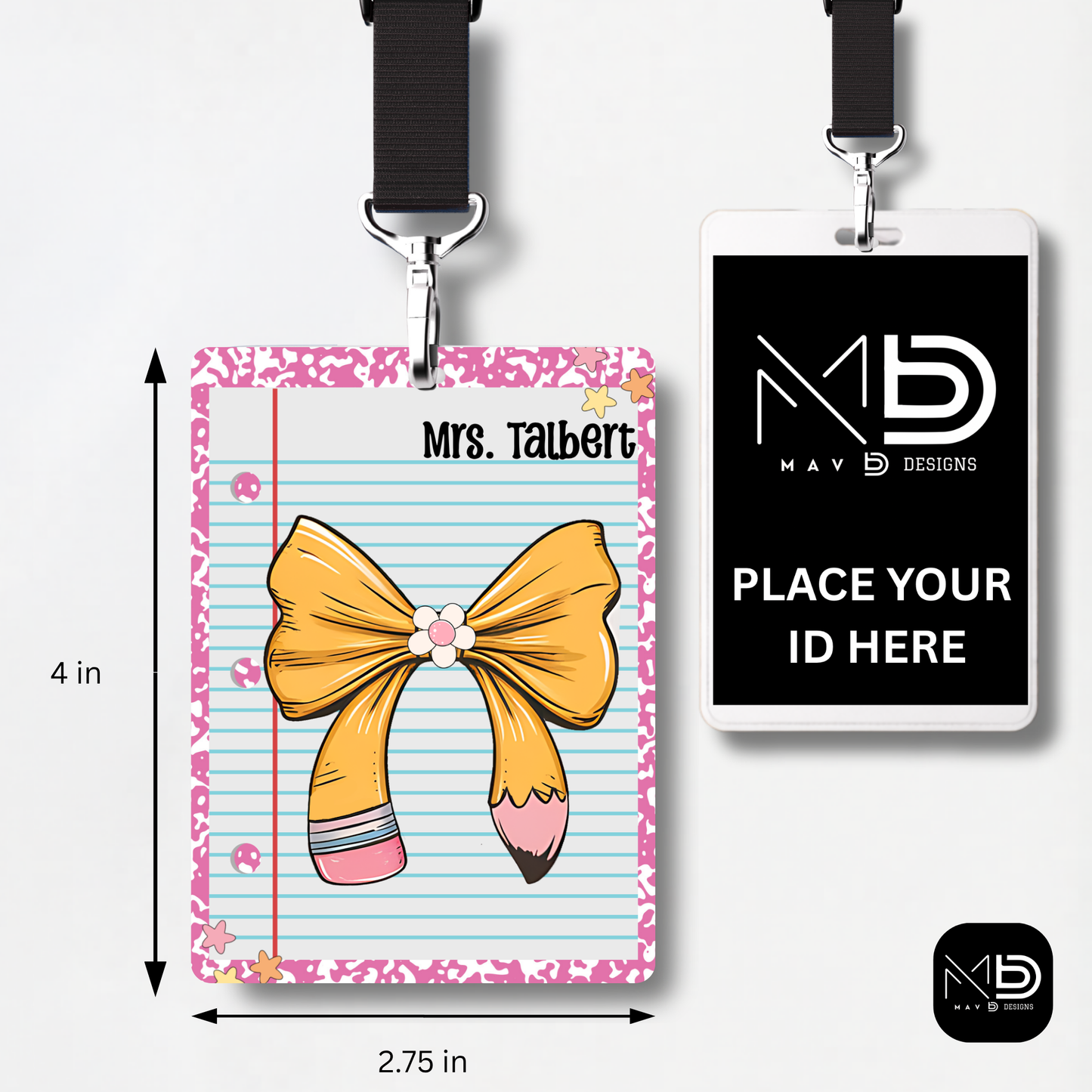 Personalized Teacher ID Badge Holder - Pencil Bow Pink Composition