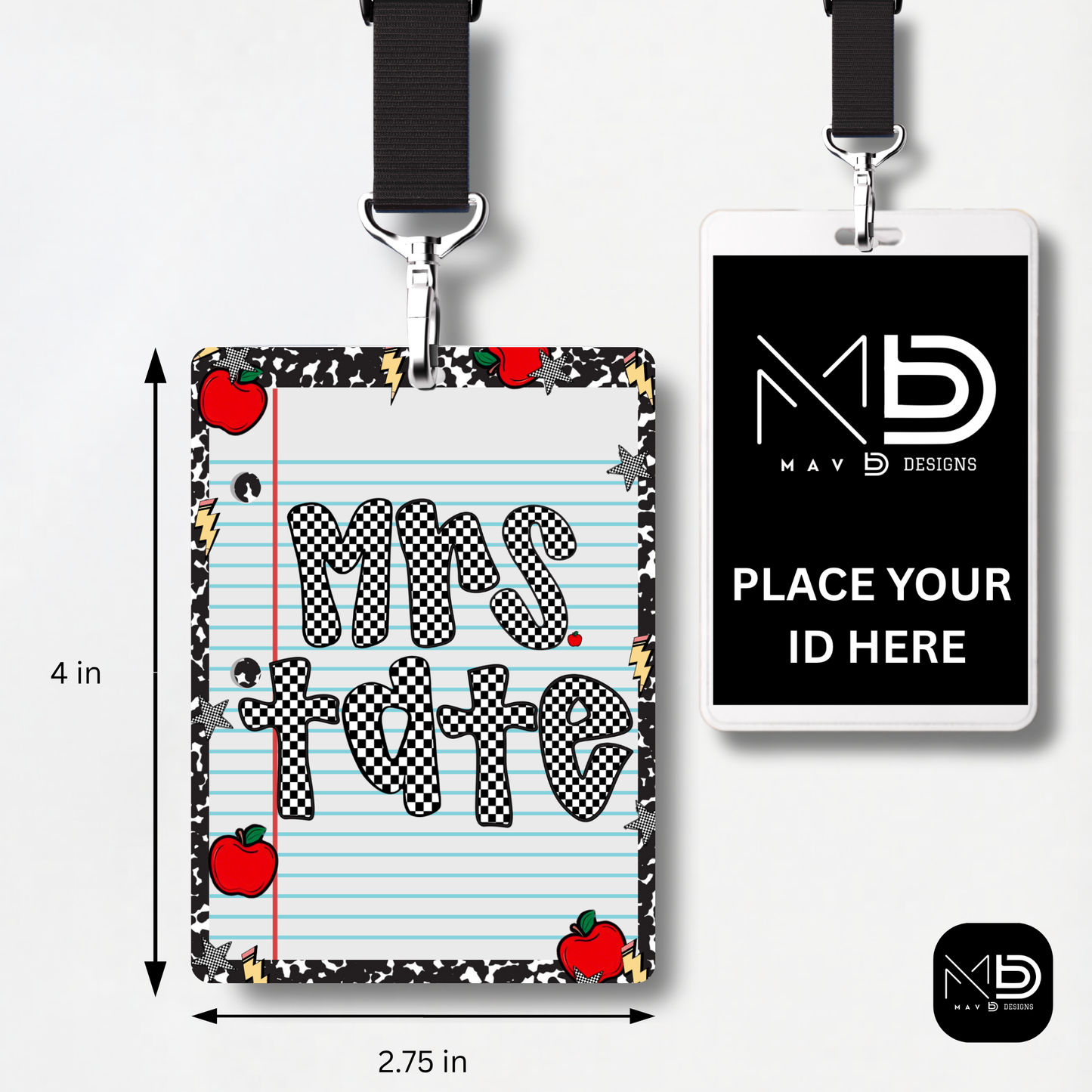 Personalized Teacher ID Badge Holder - Checkered Composition Apple
