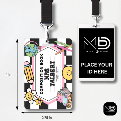 Personalized Teacher ID Badge Holder - Groovy Composition Notebook