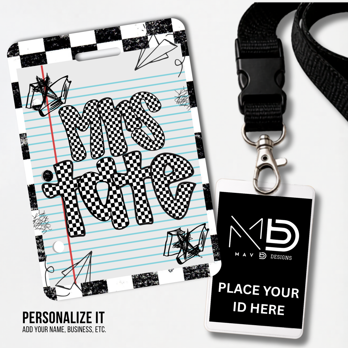 Personalized Teacher ID Badge Holder - Black Checkered Doodle