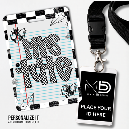 Personalized Teacher ID Badge Holder - Black Checkered Doodle