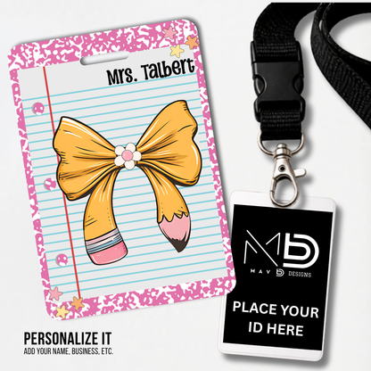Personalized Teacher ID Badge Holder - Pencil Bow Pink Composition