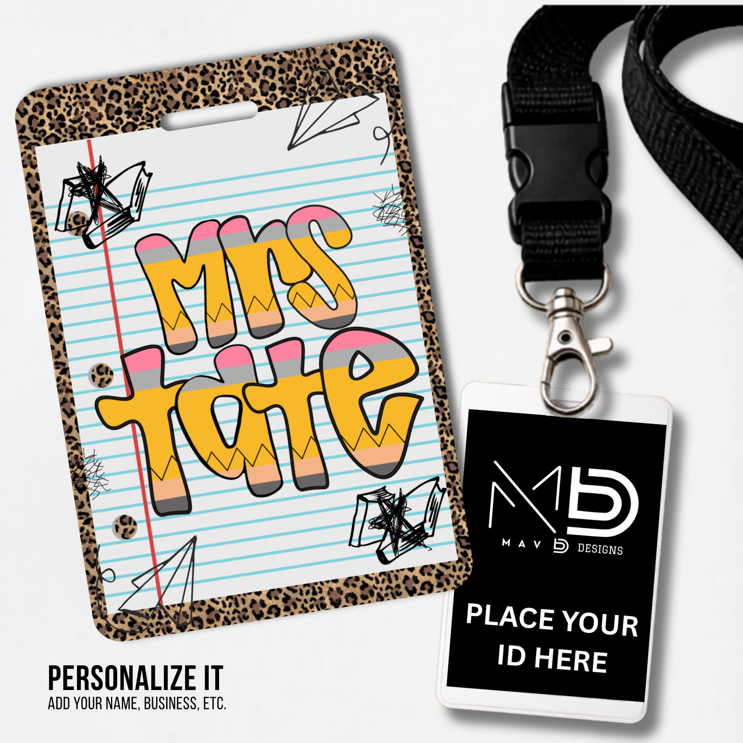Personalized Teacher ID Badge Holder - Cheetah Doodle