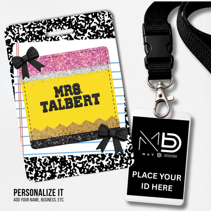 Personalized Teacher ID Badge Holder - Pencil Composition Bow
