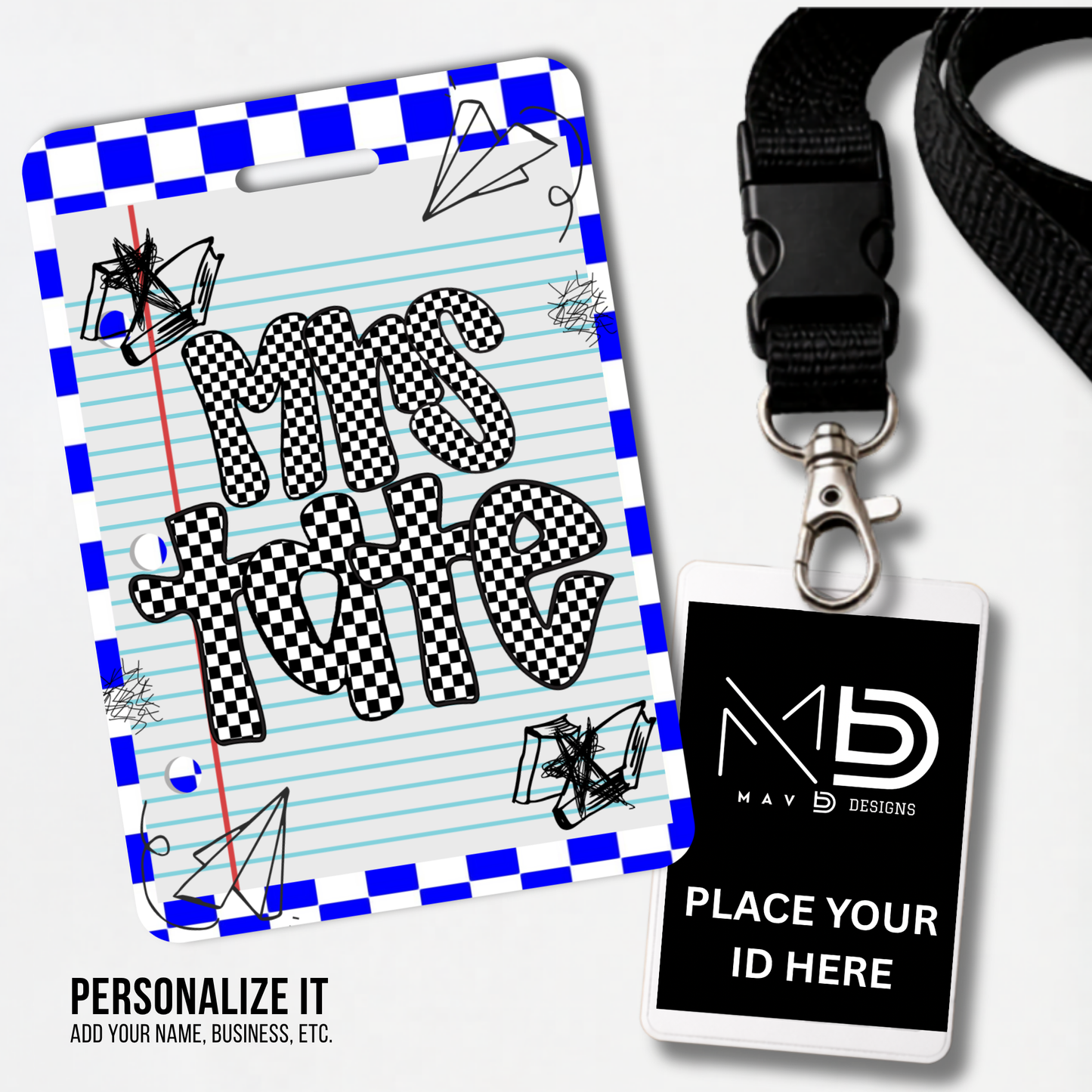 Personalized Teacher ID Badge Holder - Blue Checkered Doodle