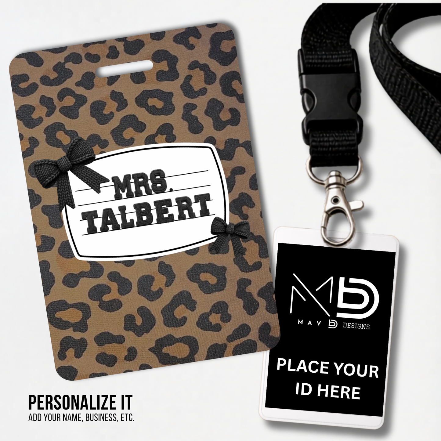 Personalized Teacher ID Badge Holder - Cheetah Bow